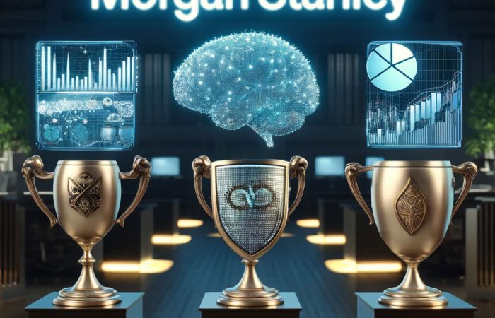 Three trophies representing Morgan Stanley's achievements in AI, investment accessibility, and risk management