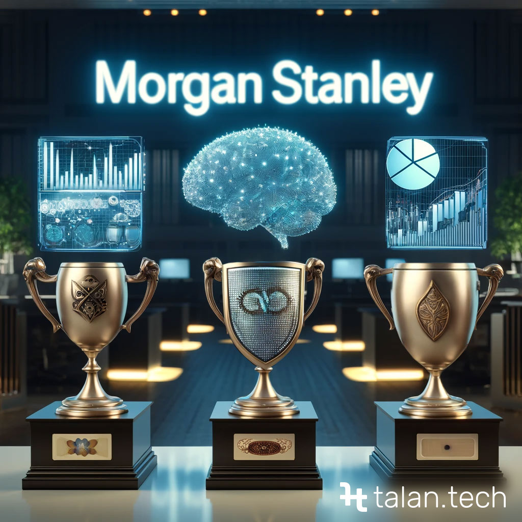 Three trophies representing Morgan Stanley's achievements in AI, investment accessibility, and risk management